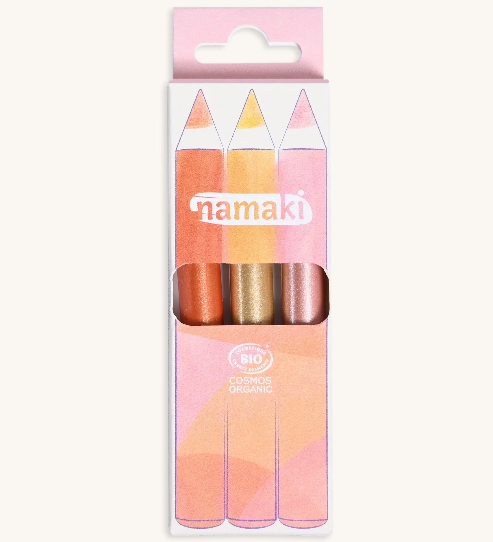 Set of 3 Namaki glitter make up pencils in a box on a cream background