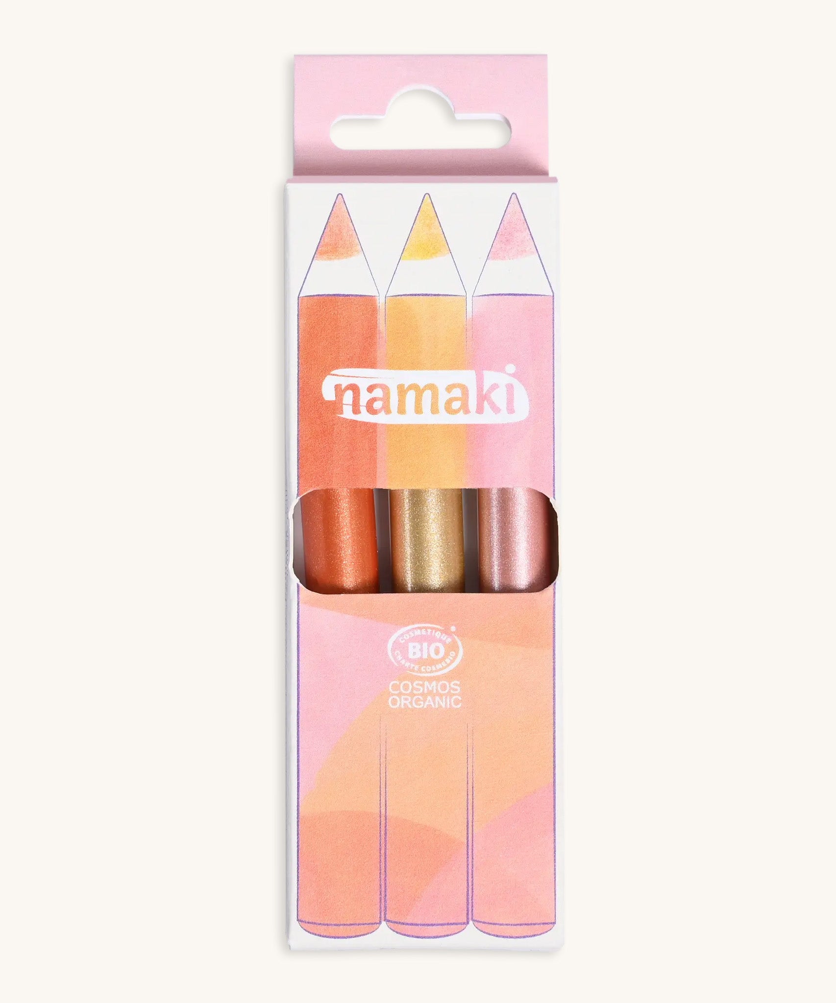 Set of 3 Namaki glitter make up pencils in a box on a cream background