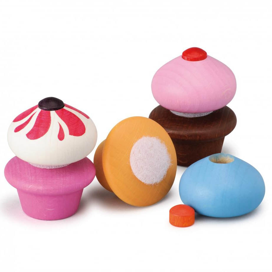 Erzi Cupcakes Wooden Play Food showing the iced topping removed