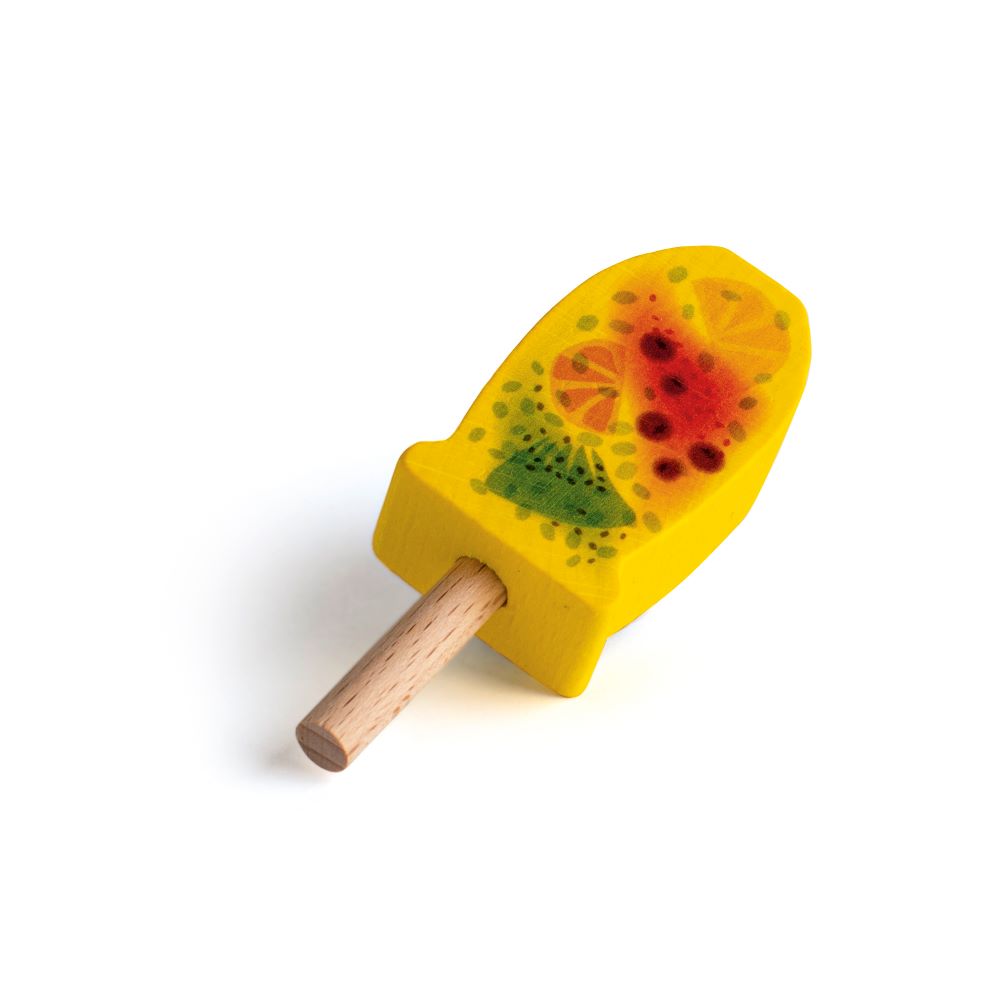 This Erzi Frit Ice Lolly is a yellow ice lolly toy has painted pieces of fruit on the side