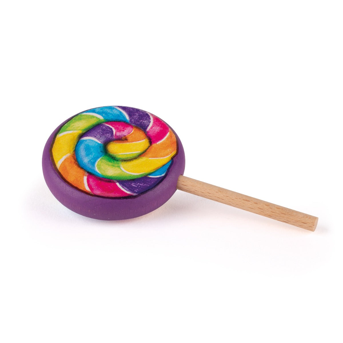 a colourful rainbow spiral wooden lollypop on a white background.