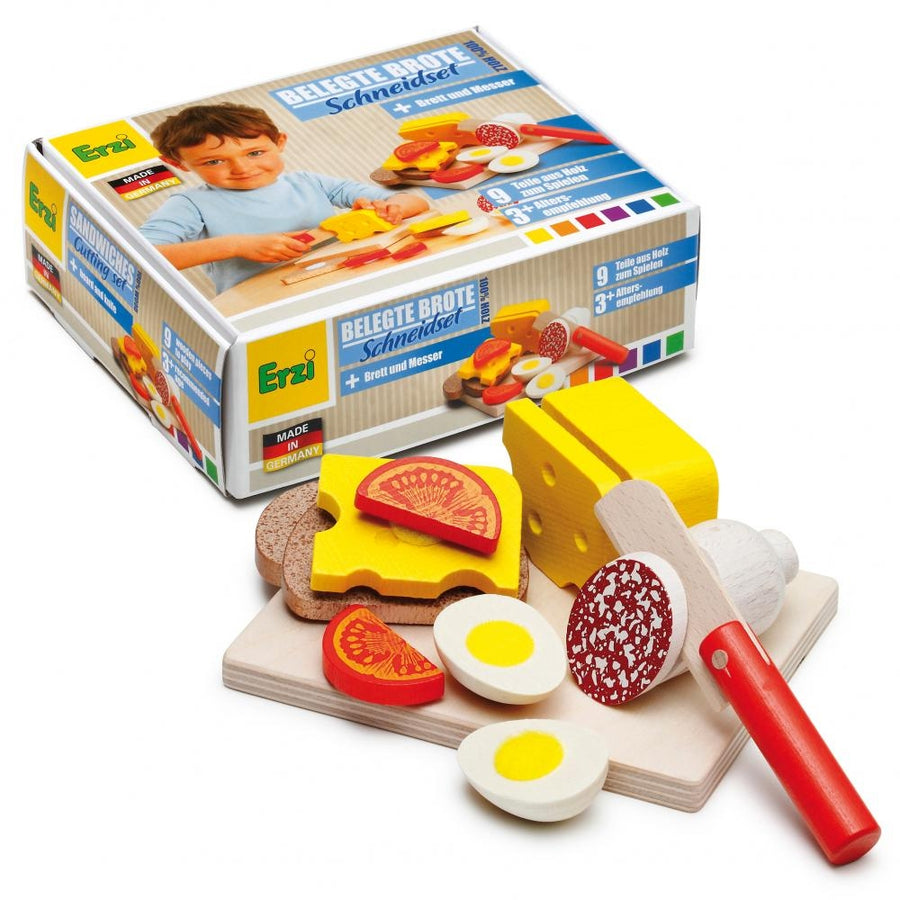 Erzi Cutting Sandwich Wooden Play Food Set showing the play food outside of the box. White background.