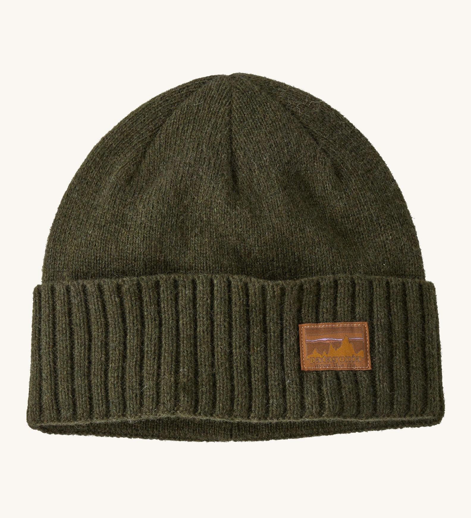 A green beanie with a Patagonia logo on the front on a cream background.