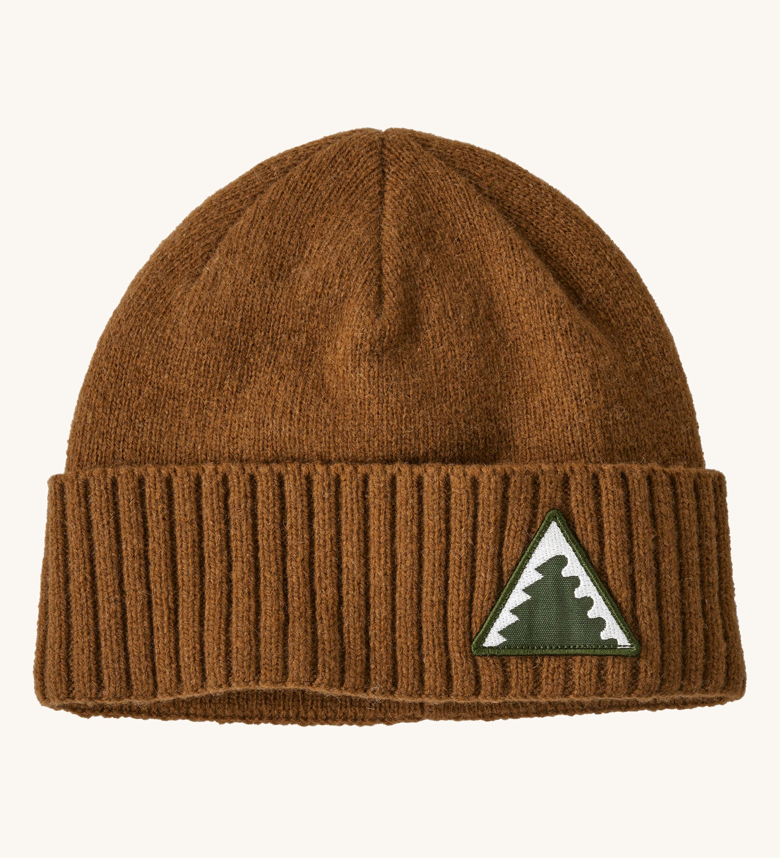 A brown Patagonia beanie with a triangle logo on the front on a cream background.