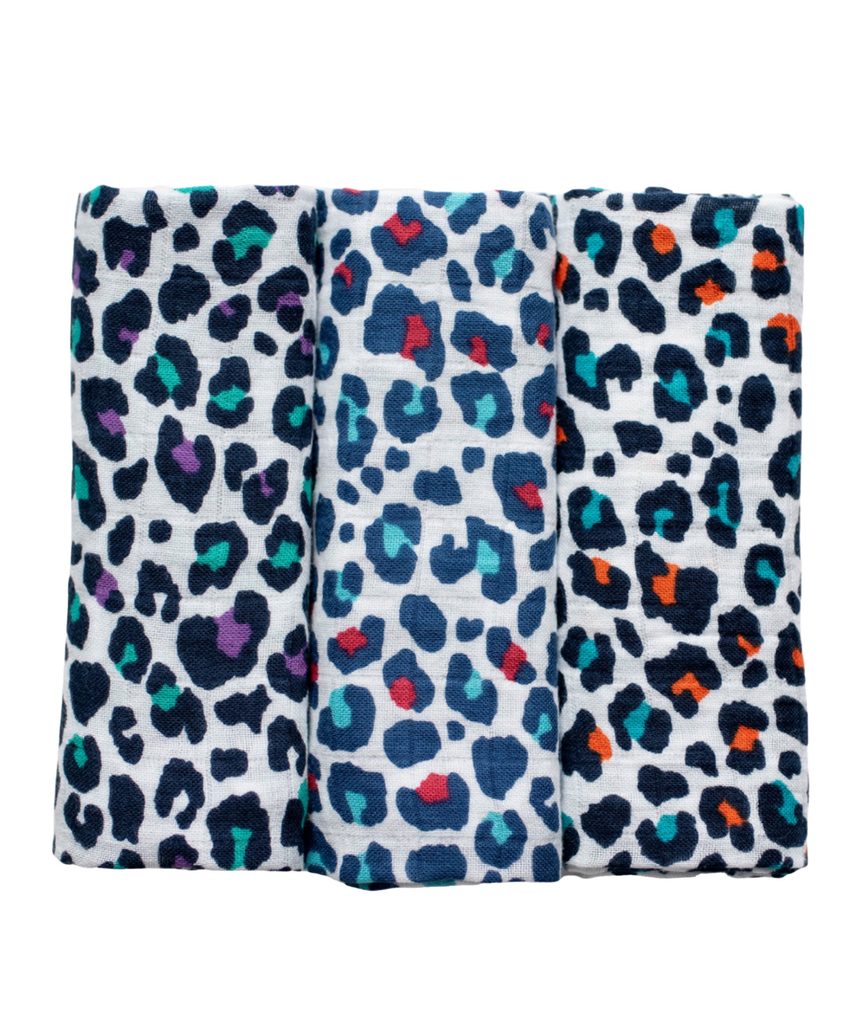 A closer look at the red and light blue Leopard print on the Etta Loves Organic Cotton Baby Muslin Squares 3 Pack - Leopard