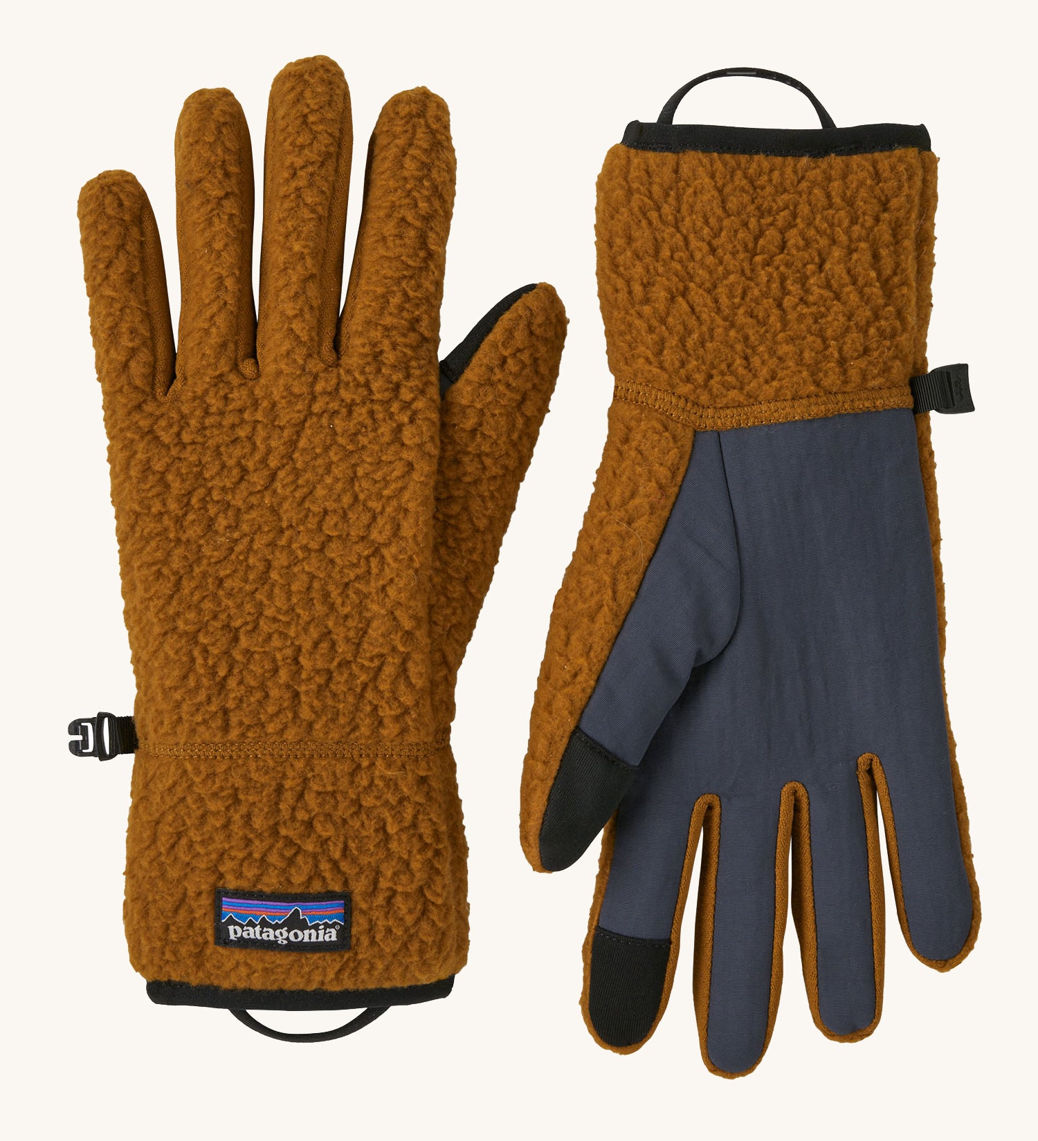 A pair of brown Patagonia fleeced gloves.