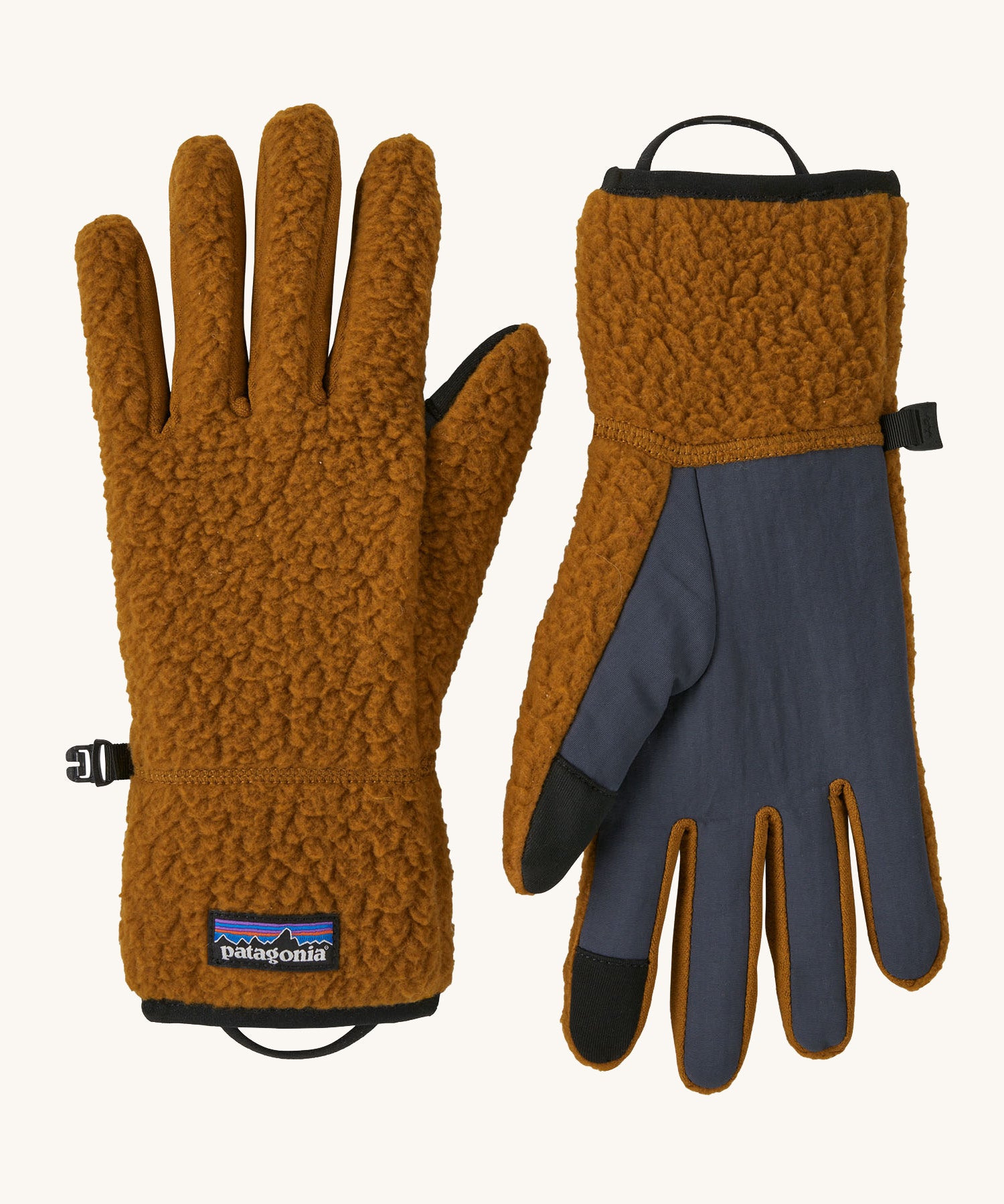 A pair of brown Patagonia fleeced gloves.