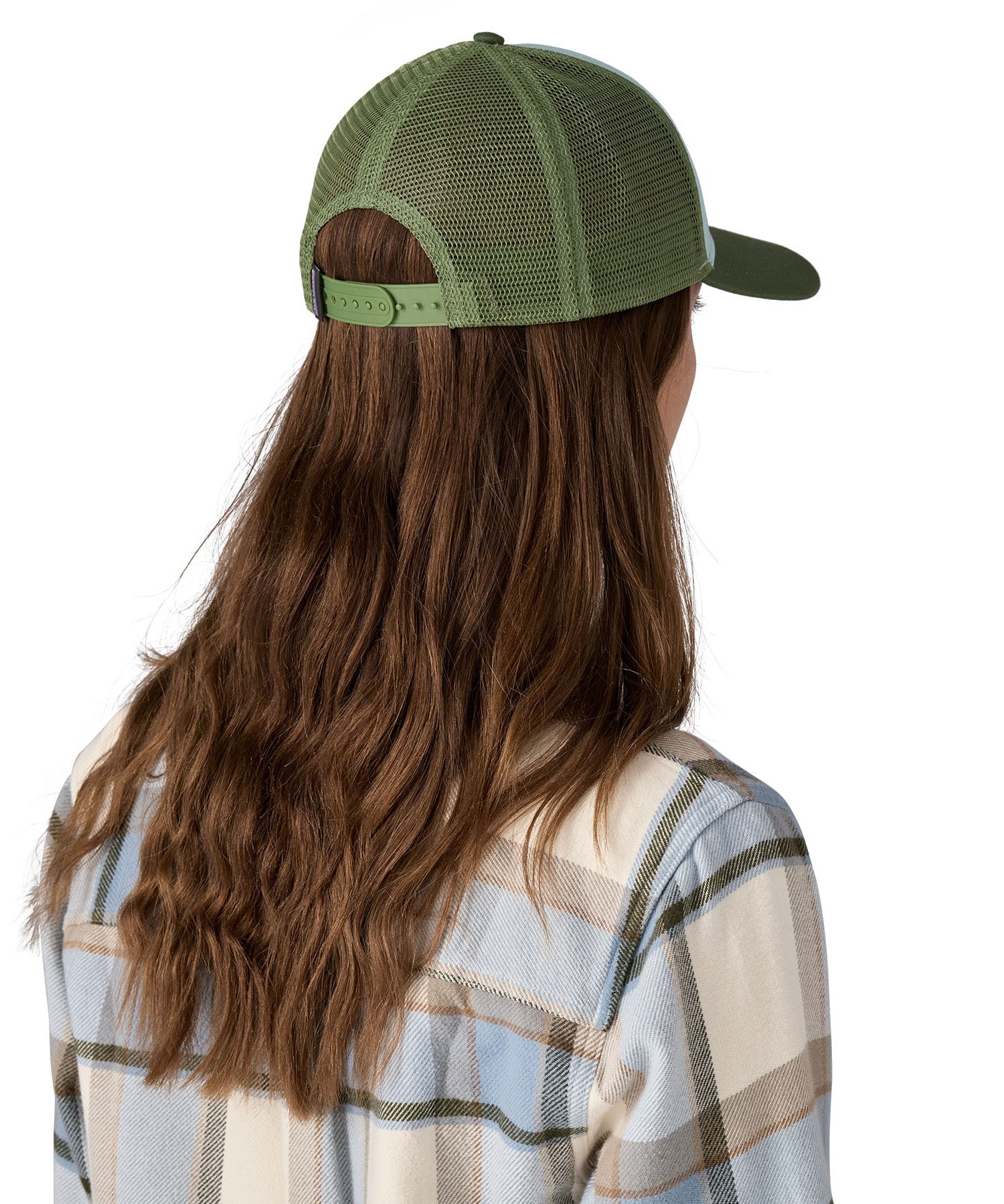 The back of the light blue and green Patagonia trucker hat