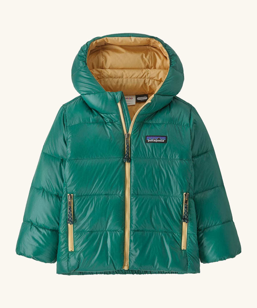 Green kids down Patagonia coat with gold trim on a cream background