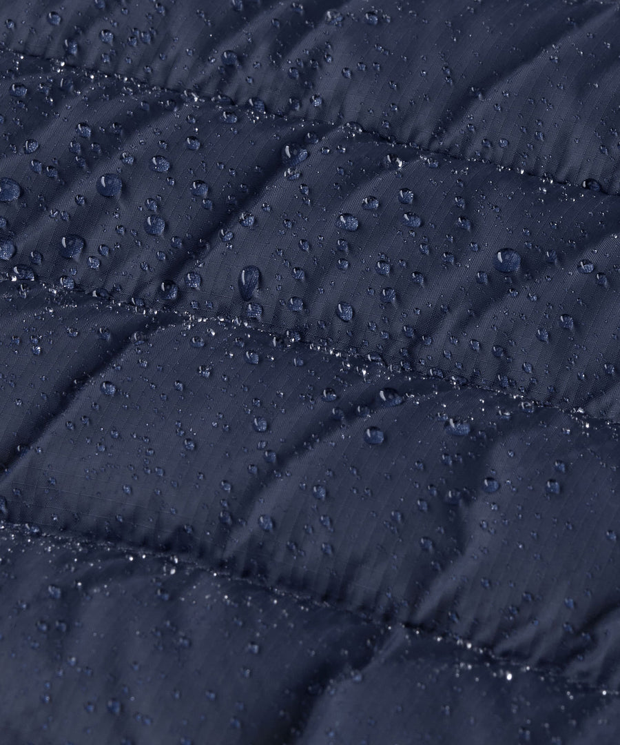 A close up of the water repellent on the jacket