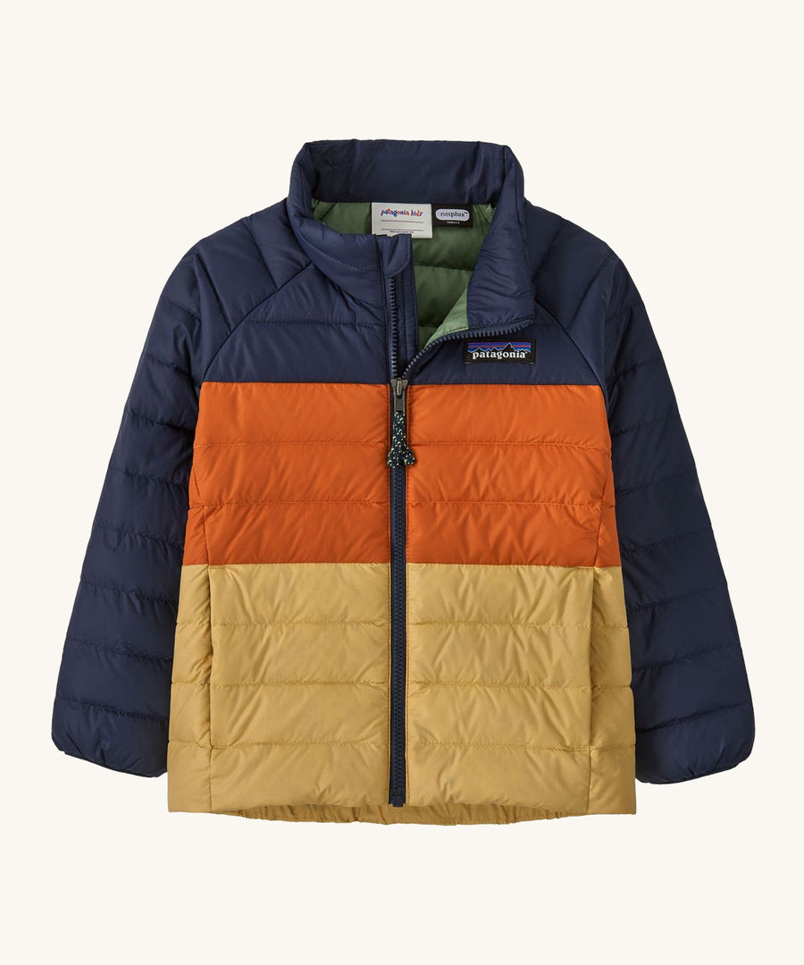 Dark blue, orange and gold kids Patagonia down jacket on a cream background