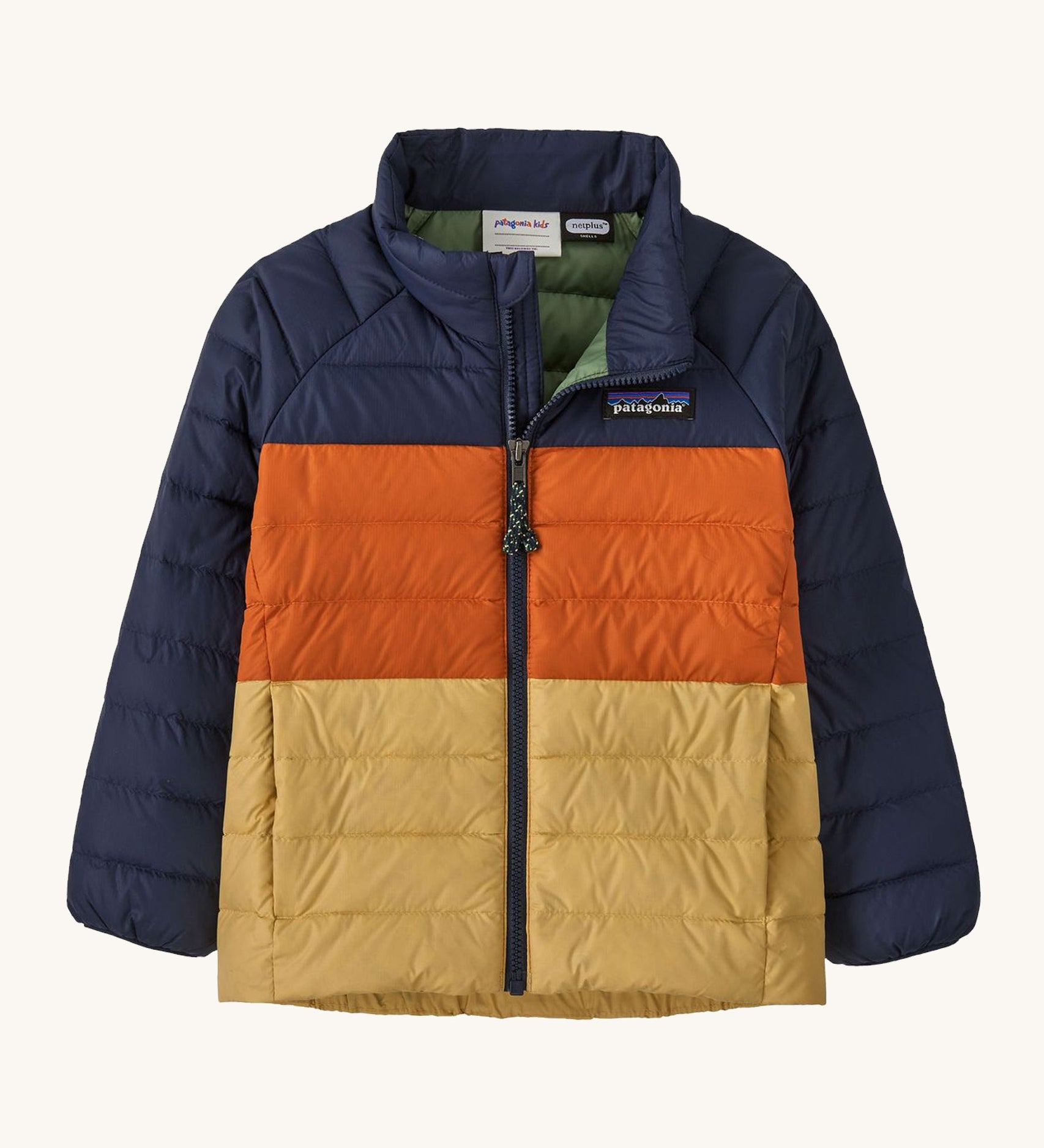 Dark blue, orange and gold kids Patagonia down jacket on a cream background