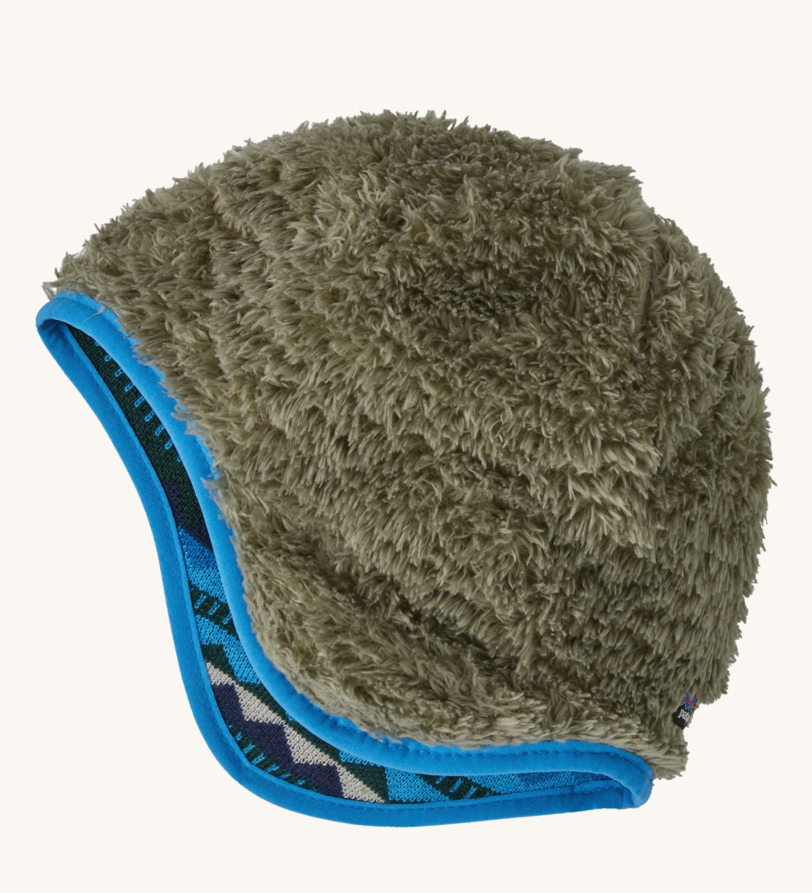 The fleece side of the blue reversible beanie