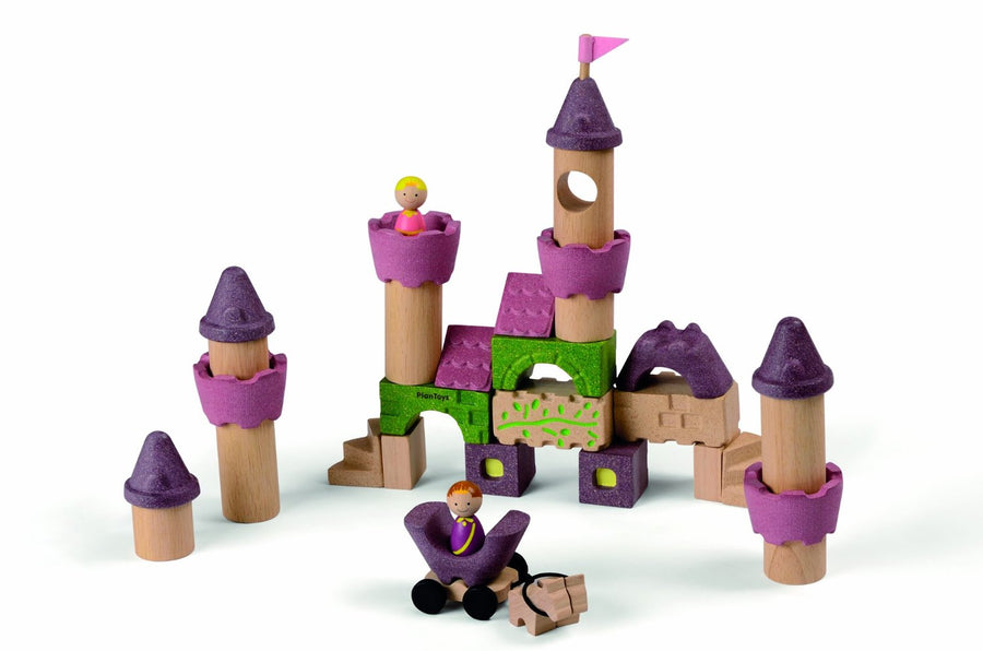 The PlanToys Fairytale Castle Blocks on a plain background. 