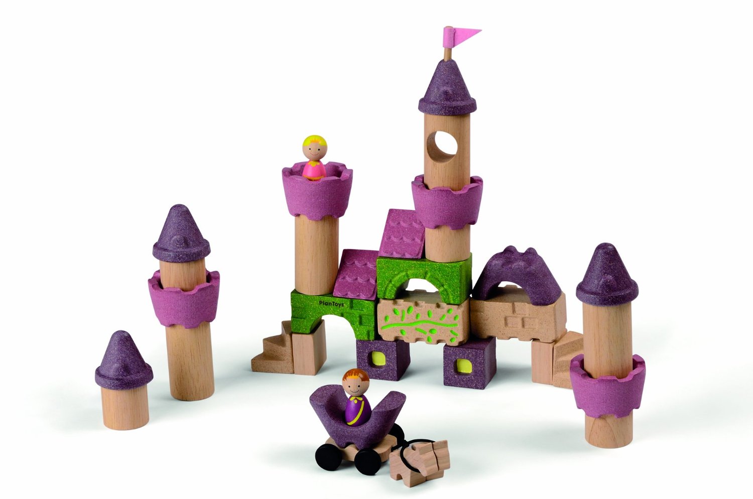 The PlanToys Fairytale Castle Blocks on a plain background. 