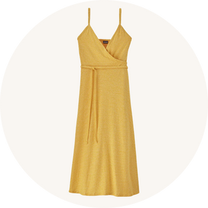 Patagonia yellow dress on cream background to represent Patagonia adults skirts and dresses at Babipur.