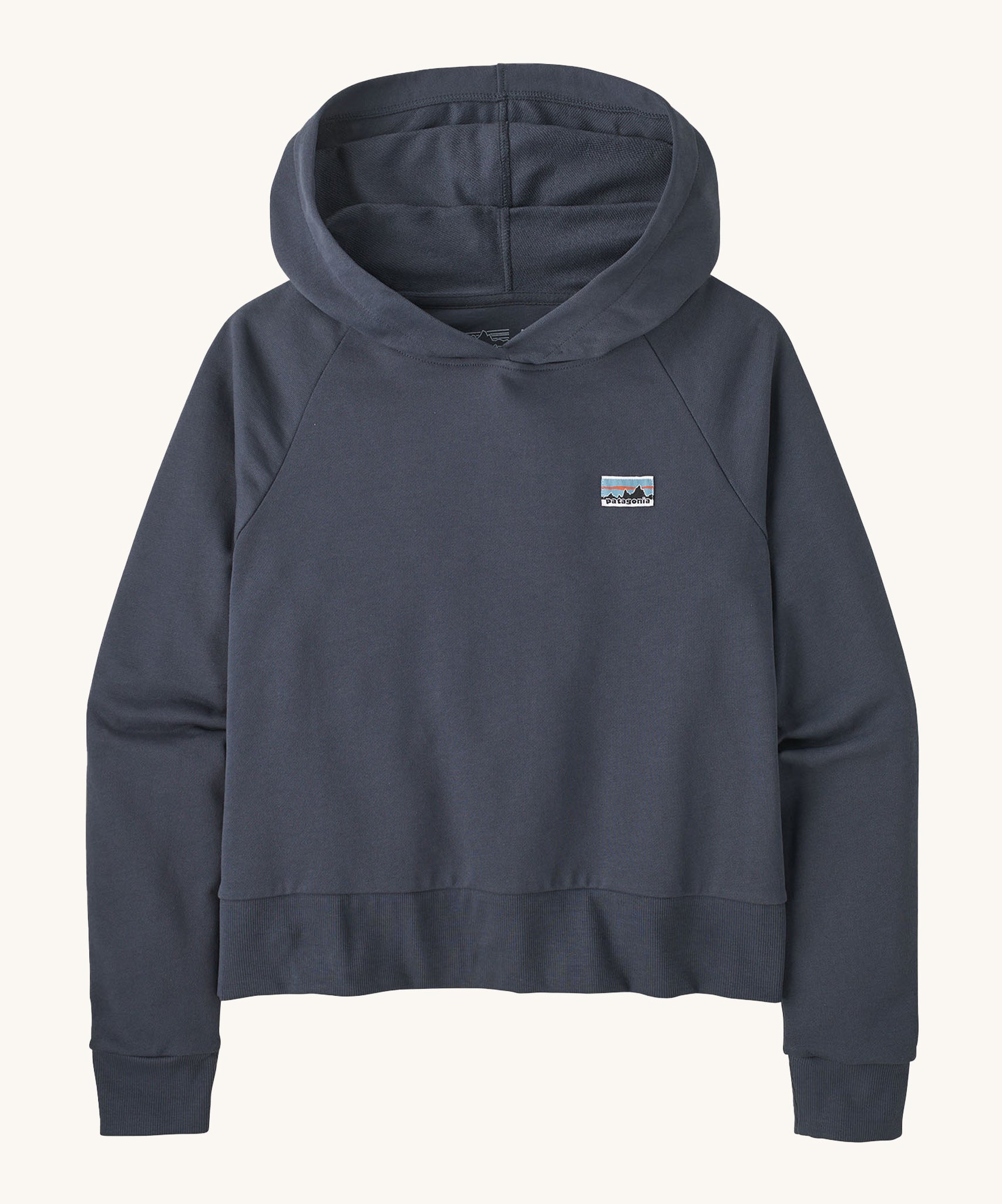 Patagonia Women's Regenerative Essential Hoody - Smolder Blue. A navy blue hoody with a small Patagonia logo on the chest