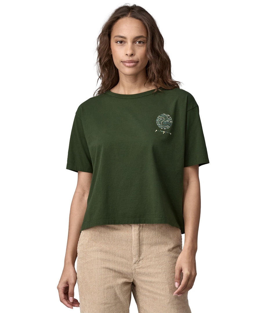 A closer look at the front of the Patagonia Women's Easy Cut Organic T-Shirt - Pine Green, showing the small earth logo on the chest