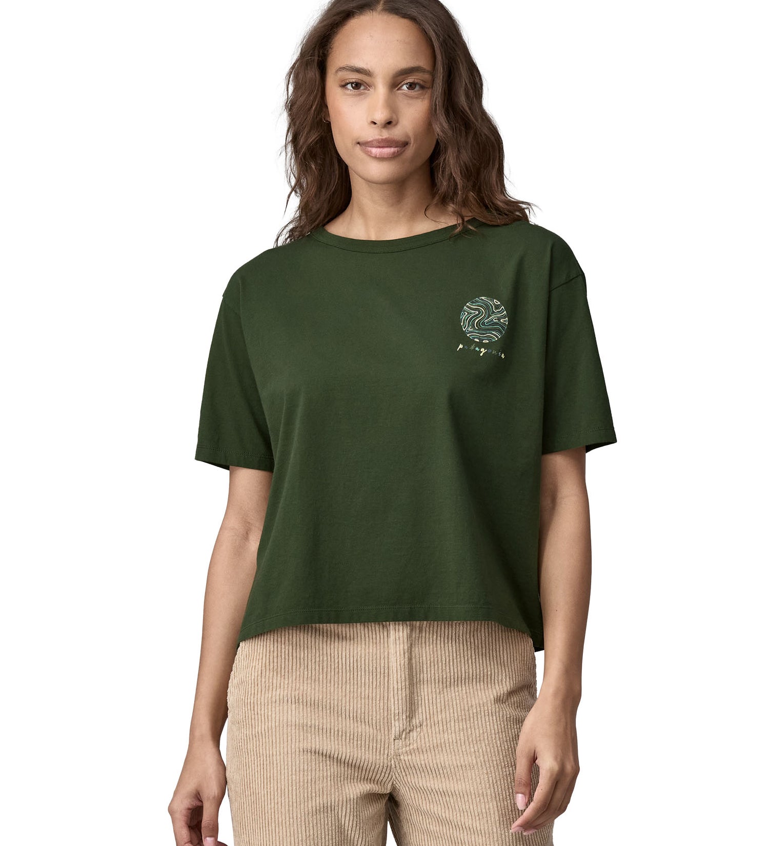 A closer look at the front of the Patagonia Women's Easy Cut Organic T-Shirt - Pine Green, showing the small earth logo on the chest