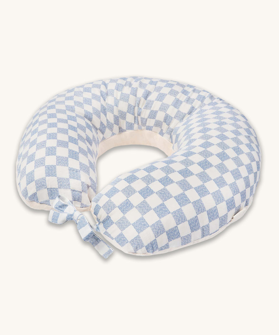 Avery Row Nursing Pillow - Waves, a seaside blue checkerboard pattern on a white background.