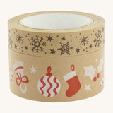 Babipur Christmas decorations and snowflake print kraft paper tape stacked on a cream background