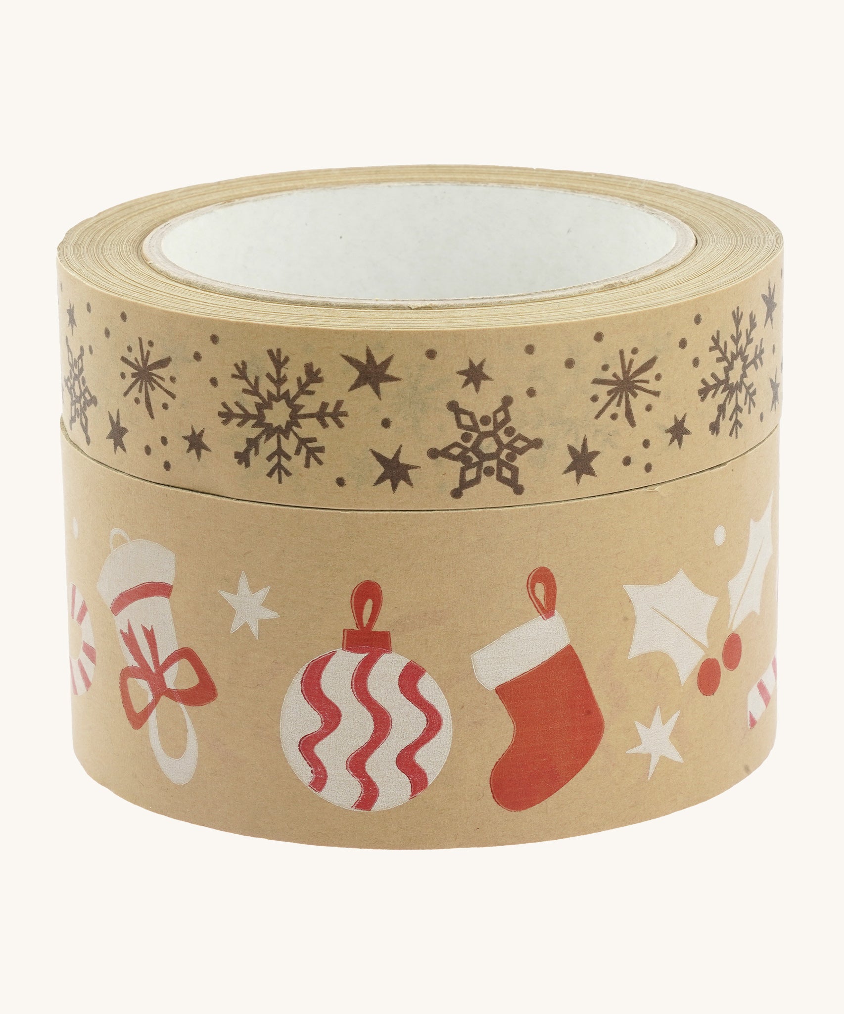 Babipur Christmas decorations and snowflake print kraft paper tape stacked on a cream background