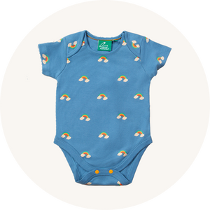 Blue baby body from Little Green Radicals on cream background to represent baby vest and bodies at Babipur.