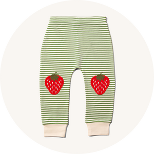 Strawberry knee patch bottoms from Little Green Radicals on cream background to represent baby bottoms at Babipur.