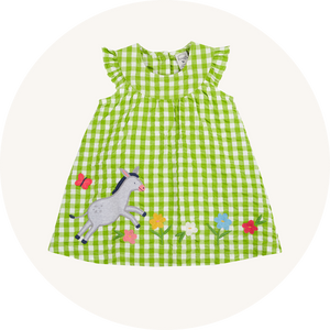 Frugi Myrtle Body Dress Macaw Gingham Donkey - GOTS Organic Cotton Seersucker. Green gingham dress with capped ruffle sleeves, a playful donkey applique and embroidered spring flowers.