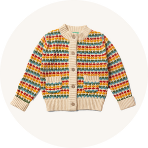 Knitted cardigan from Little Green Radicals on cream background to represent baby jumpers and cardigans at Babipur.