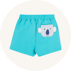 Frugi Sydney Applique Shorts Koala - GOTS organic cotton. Bright blue shorts with an elastic waistband and a cute koala face on the back pocket.