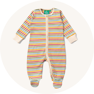 Rainbow striped babygrow from Little Green Radicals on cream background to represent babygrows at Babipur.
