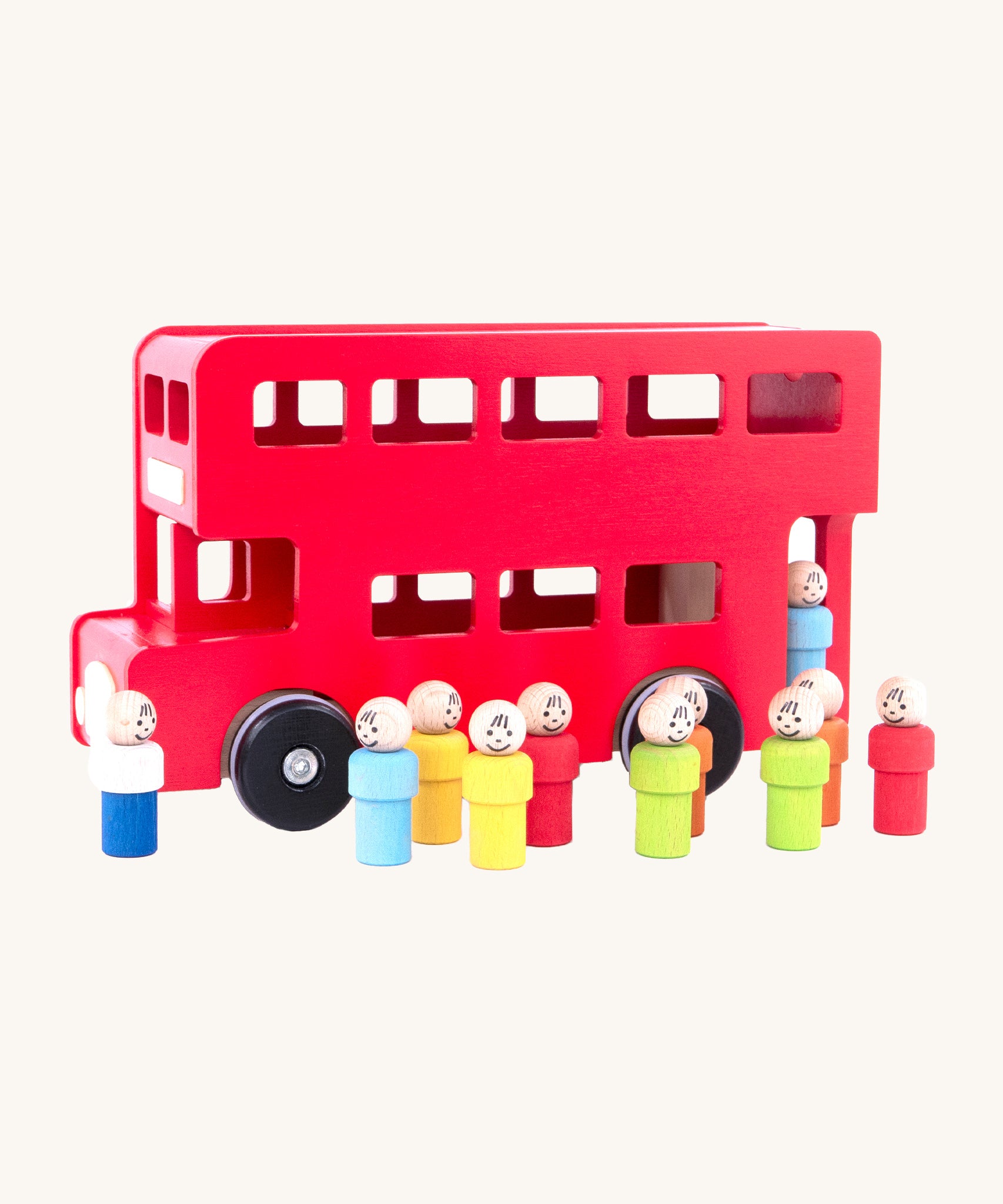 A the wooden peg doll passengers and drivers are outside the red London bus, on a cream background