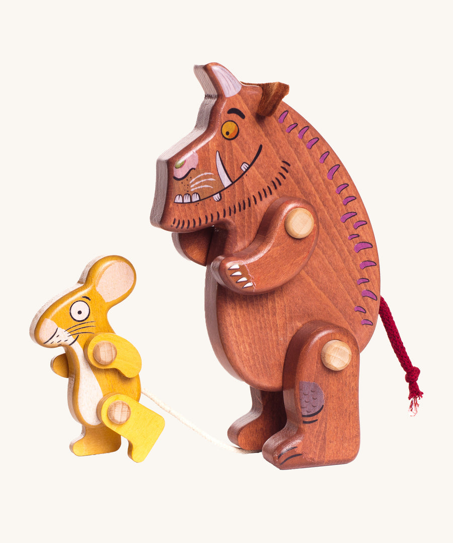 Bajo Gruffalo & Mouse Figures Set are a fun set of movable wooden figures which can move at the arms and legs. The yellow Mouse is on the left an the brown Gruffalo is on the right