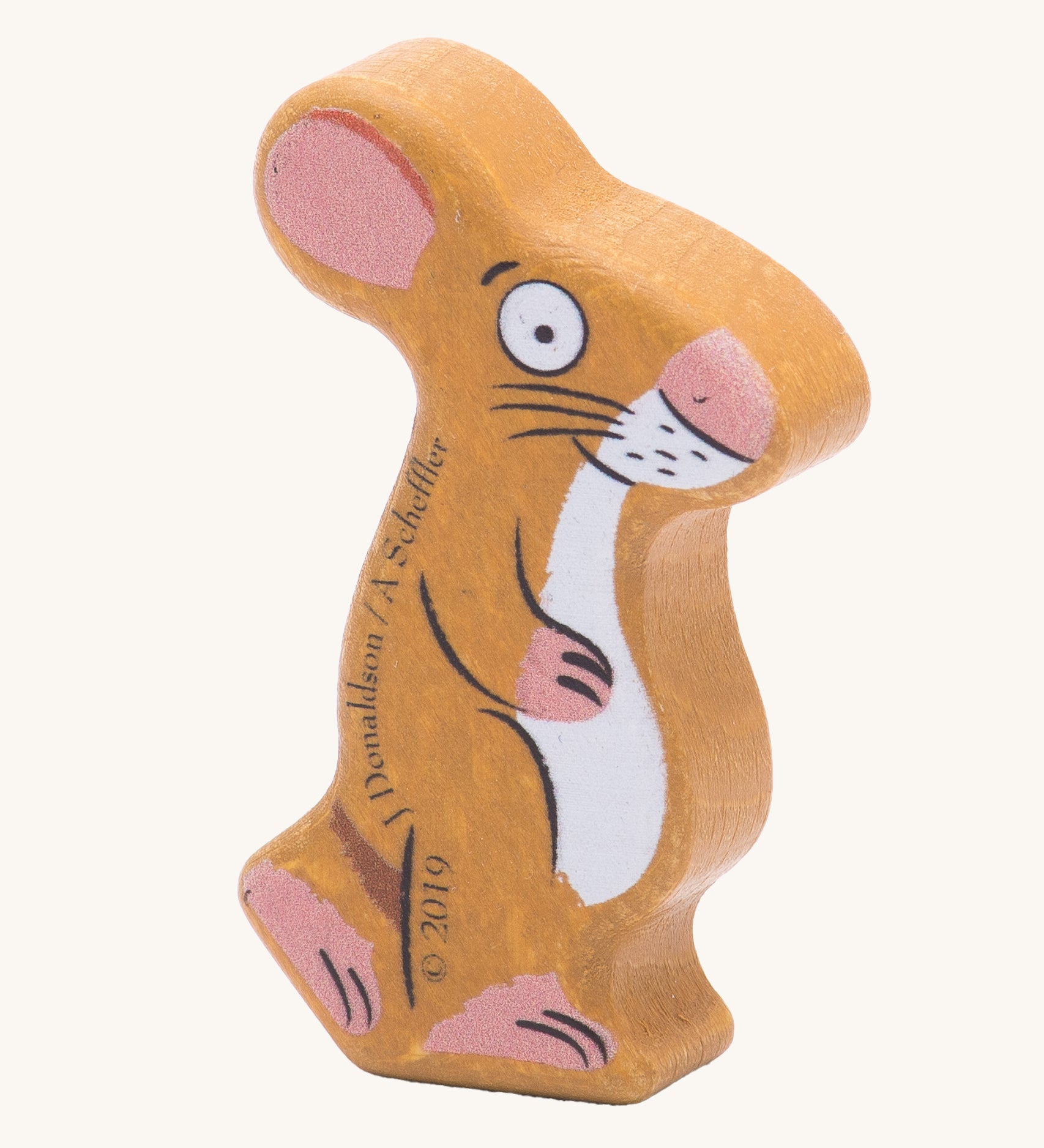 Bajo handmade wooden Gruffalo mouse figure on a cream background