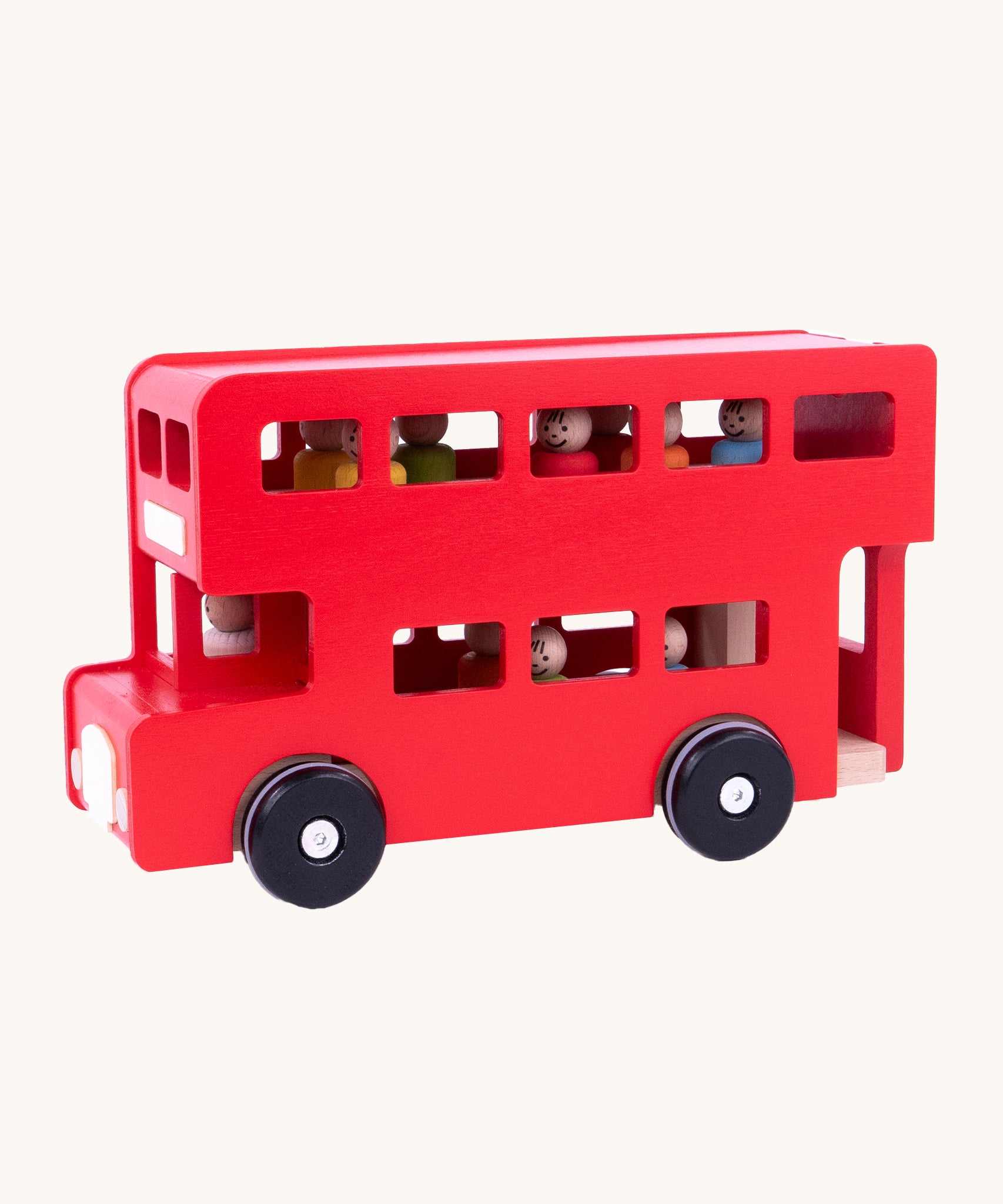 A side image of the red wooden Bajo London Bus, showing the colourful peg doll passengers and a wooden driver inside