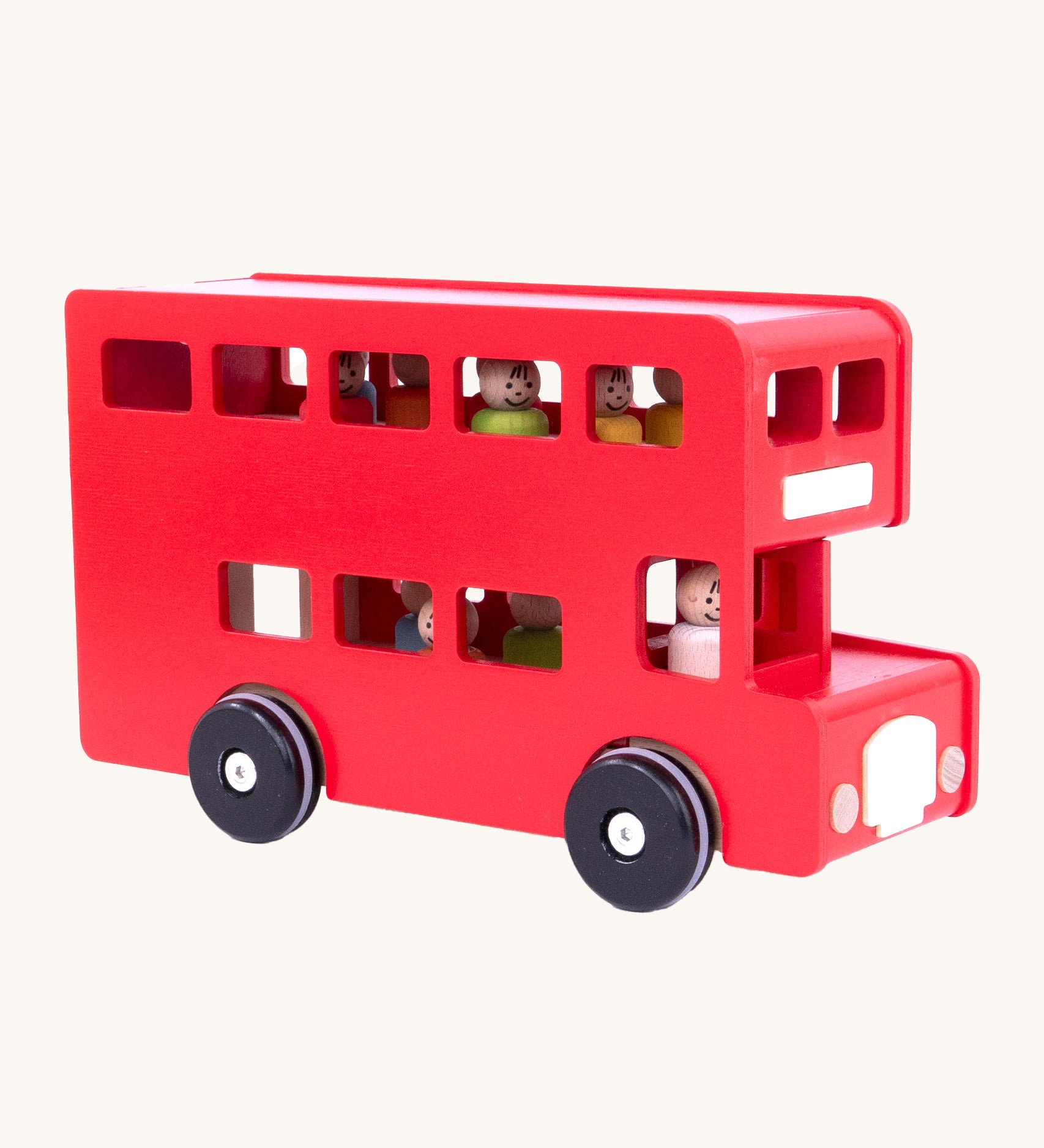 An image from the side of the Red Bajo London Bus, with colourful wooden peg dolls inside, on a cream background