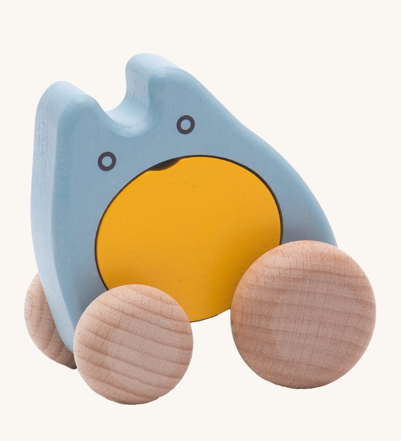 Bajo children's plastic-free wooden push along ghost toy in the blue and yellow colour on a cream background