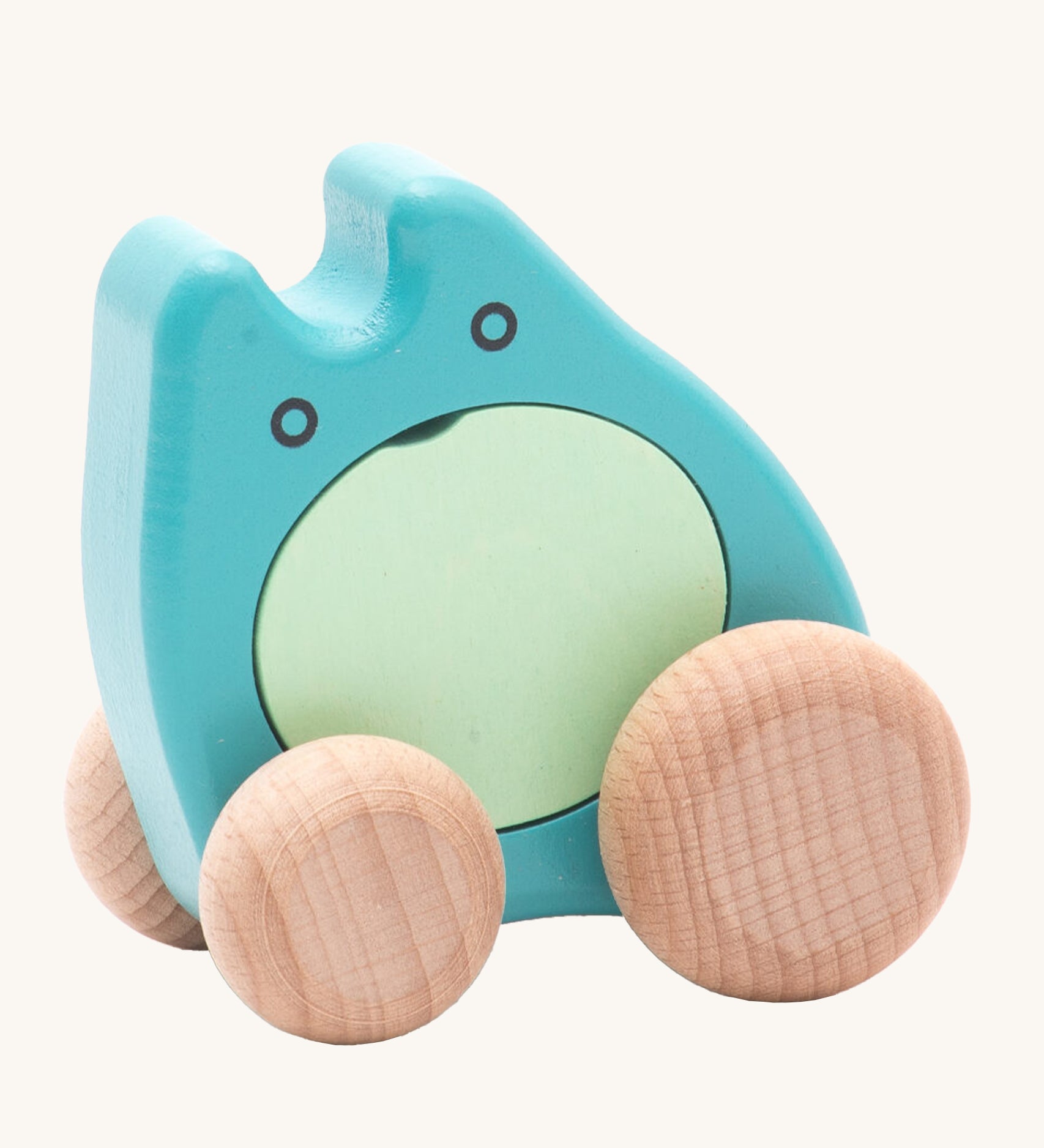 Bajo children's plastic-free wooden push along ghost toy in the turquoise colour on a cream background