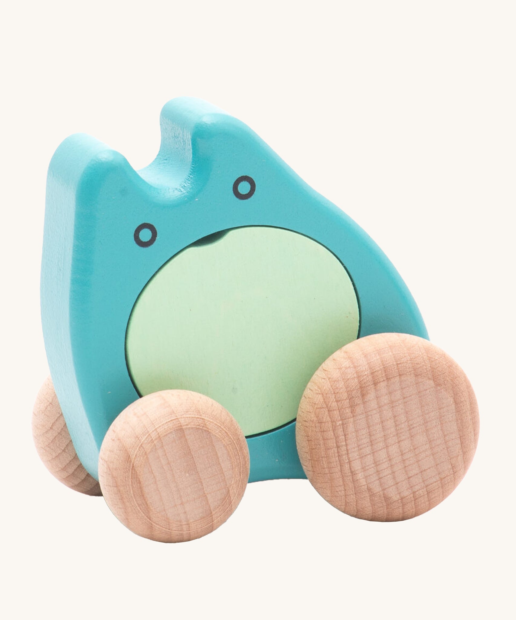 Bajo children's plastic-free wooden push along ghost toy in the turquoise colour on a cream background