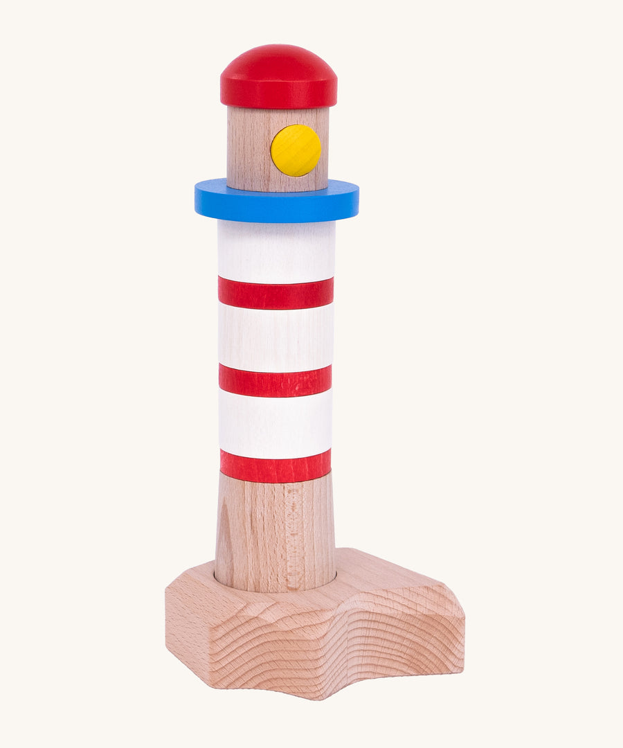 Bajo Lighthouse Stacker is a fun kids stacking game, with red, white, natural and blue stacking pieces which can be built into a colourful lighthouse