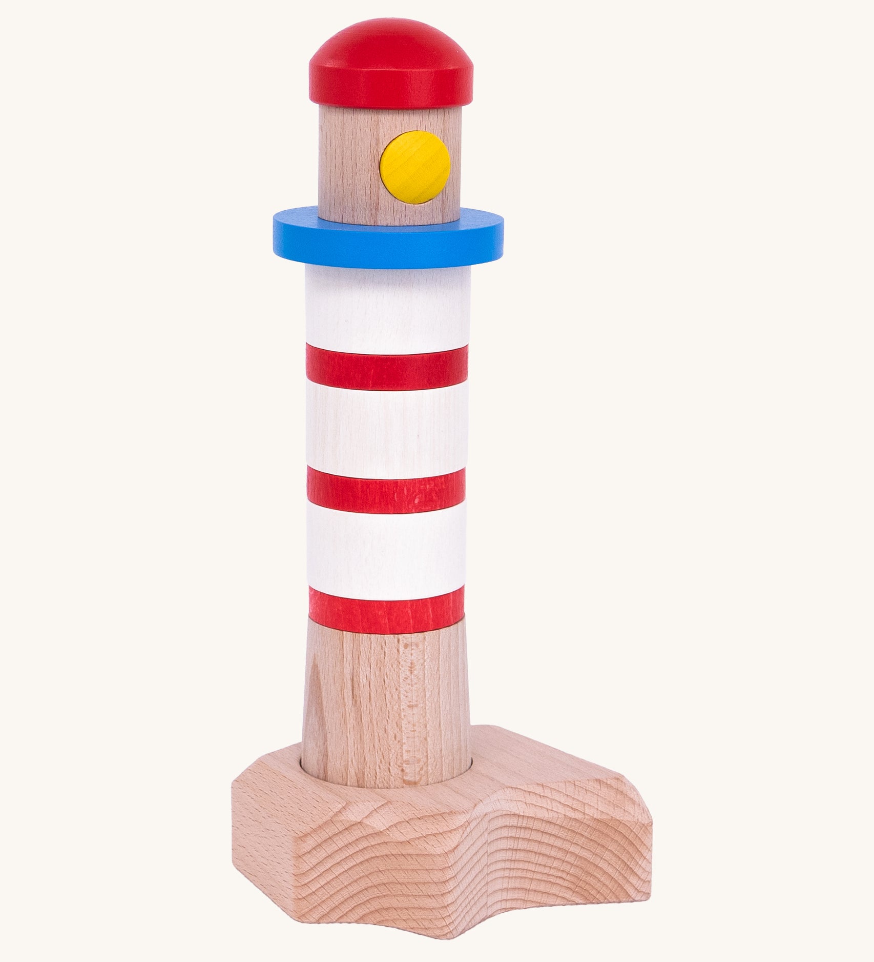 Bajo Lighthouse Stacker is a fun kids stacking game, with red, white, natural and blue stacking pieces which can be built into a colourful lighthouse