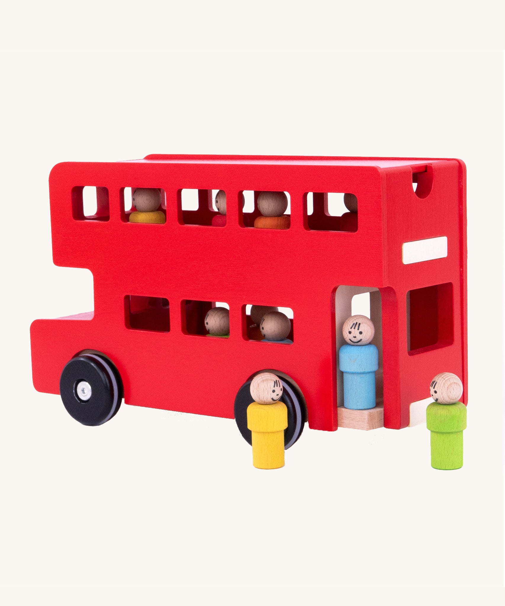 Three wooden peg doll passengers stood outside of the bus, ready to leave and get onto the bus. The image also shows the removable top so children can put the peg dolls on and off the bus. The image is on a cream background