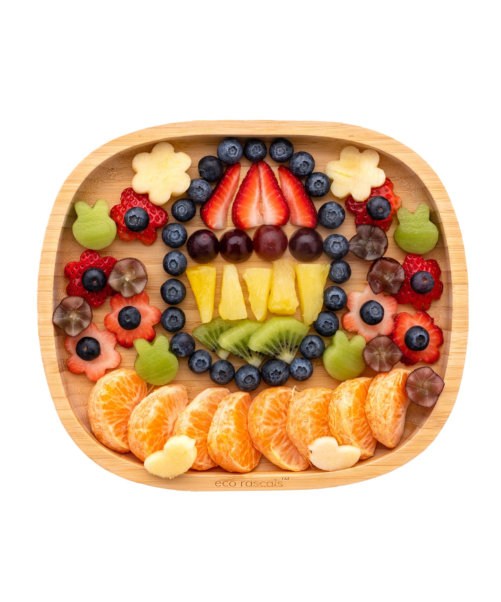 Eco Rascals Rectangle Bamboo Suction Plate, a natural bamboo baby weaning plate filled with a selection of beautifully arranged fruit pieces.