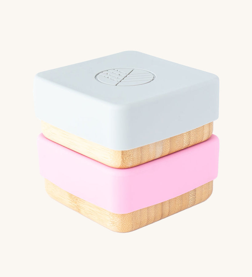 Eco Rascals Bamboo Snack Pots Two Pack with white and pink silicone lids.