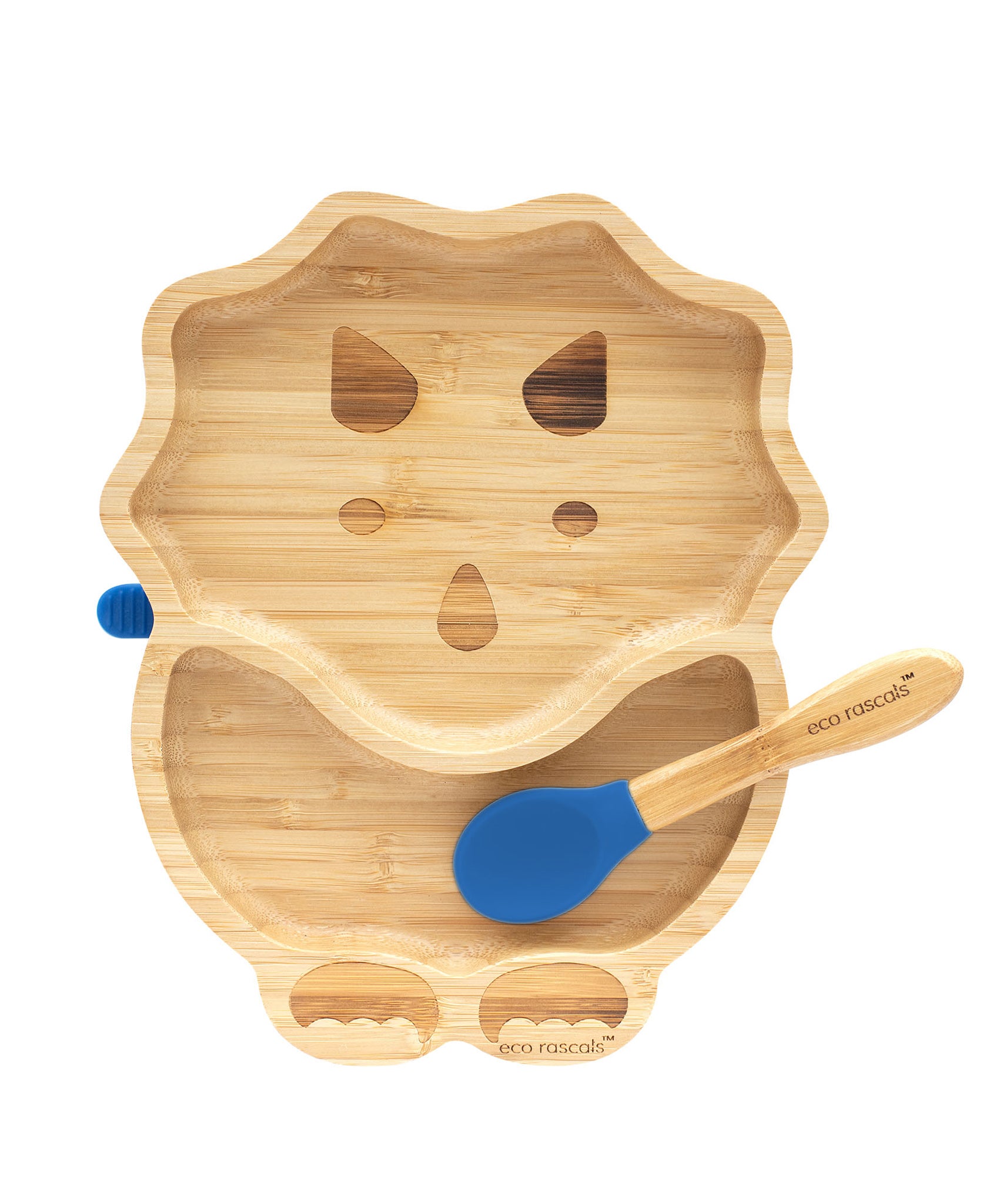 Eco Rascals Dinosaur Bamboo Suction Plate with a blue suction base and matching blue silicone and bamboo baby spoon.