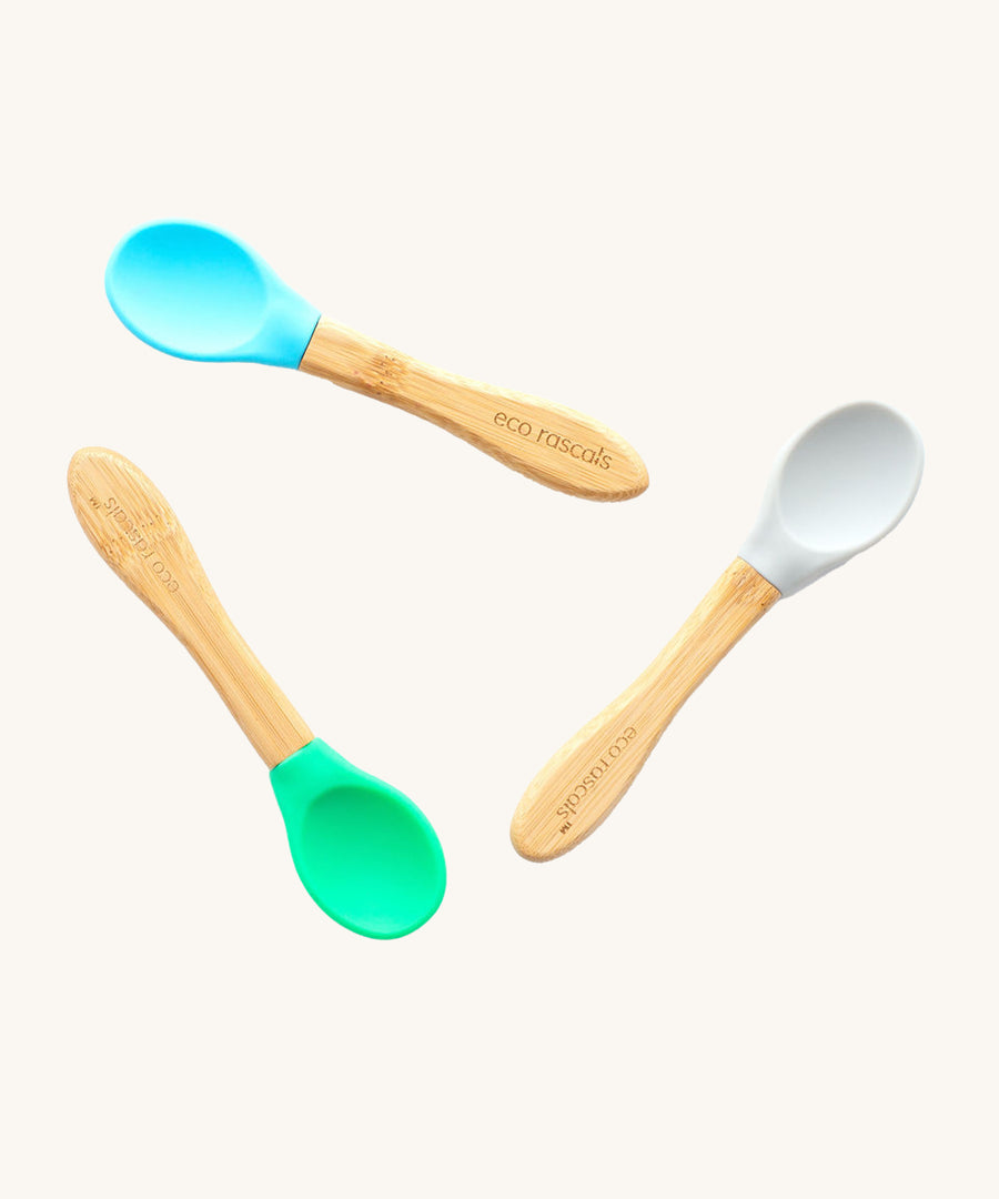 Eco Rascals Baby Spoons - 3 Pack in green, blue and grey. 