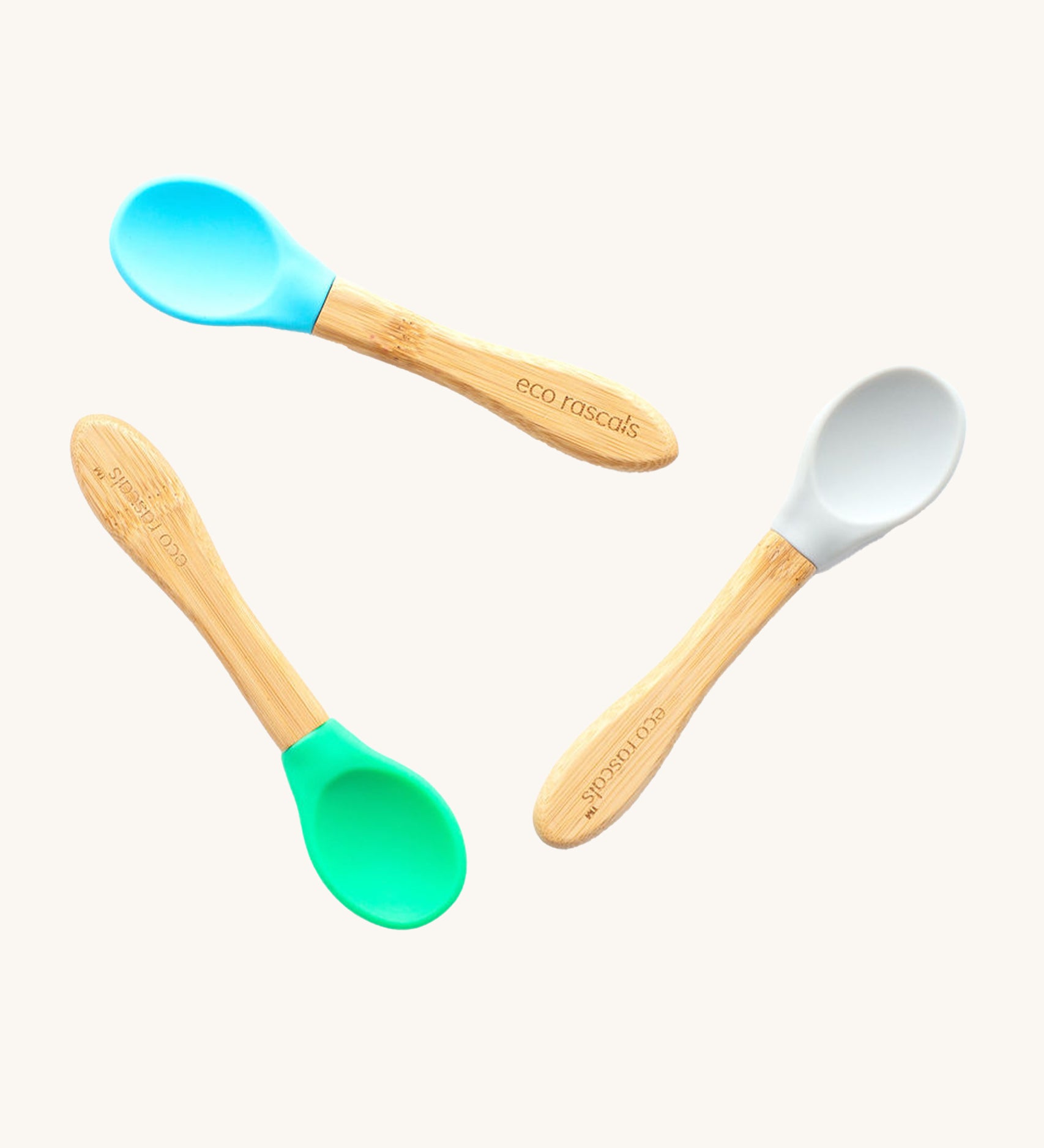 Eco Rascals Baby Spoons - 3 Pack in green, blue and grey. 