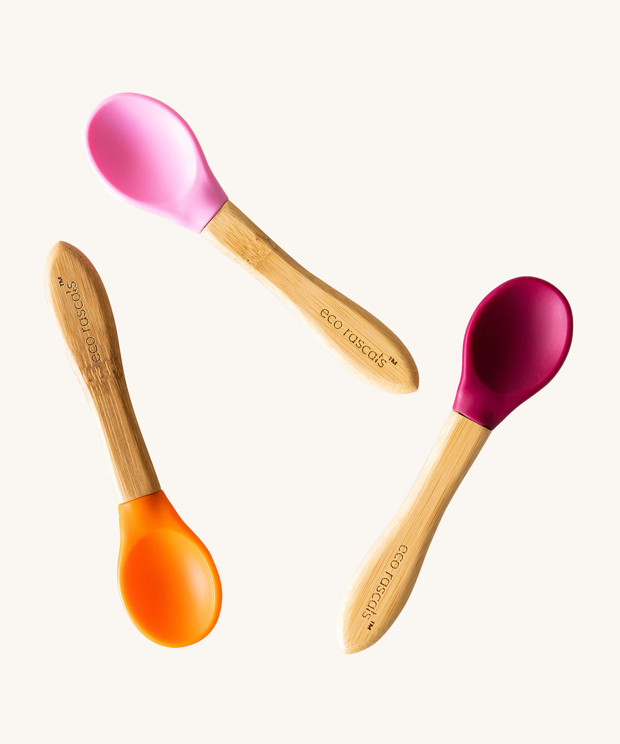 Eco Rascals Baby Spoons - 3 Pack in orange, pink and magenta. 