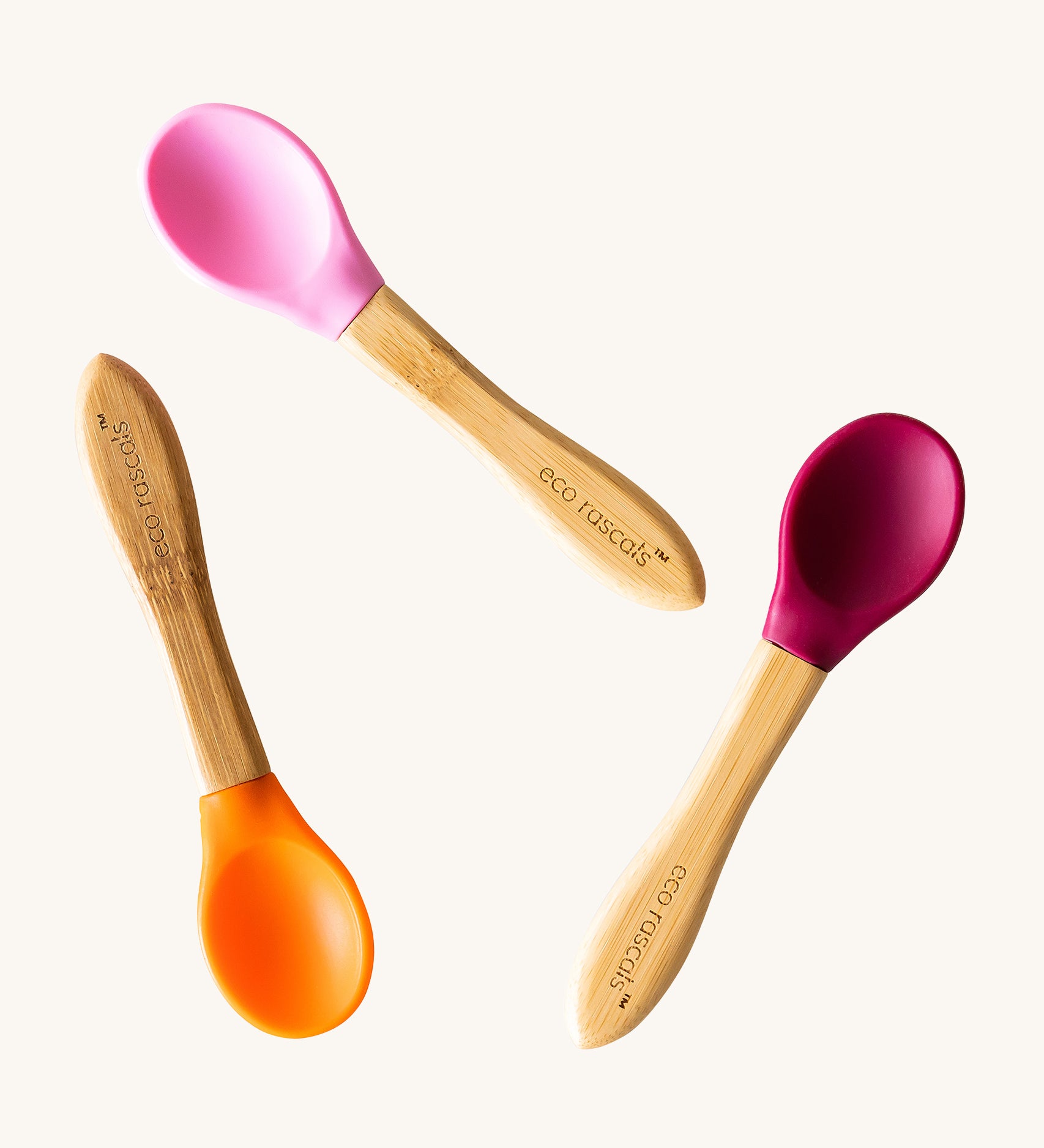 Eco Rascals Baby Spoons - 3 Pack in orange, pink and magenta. 